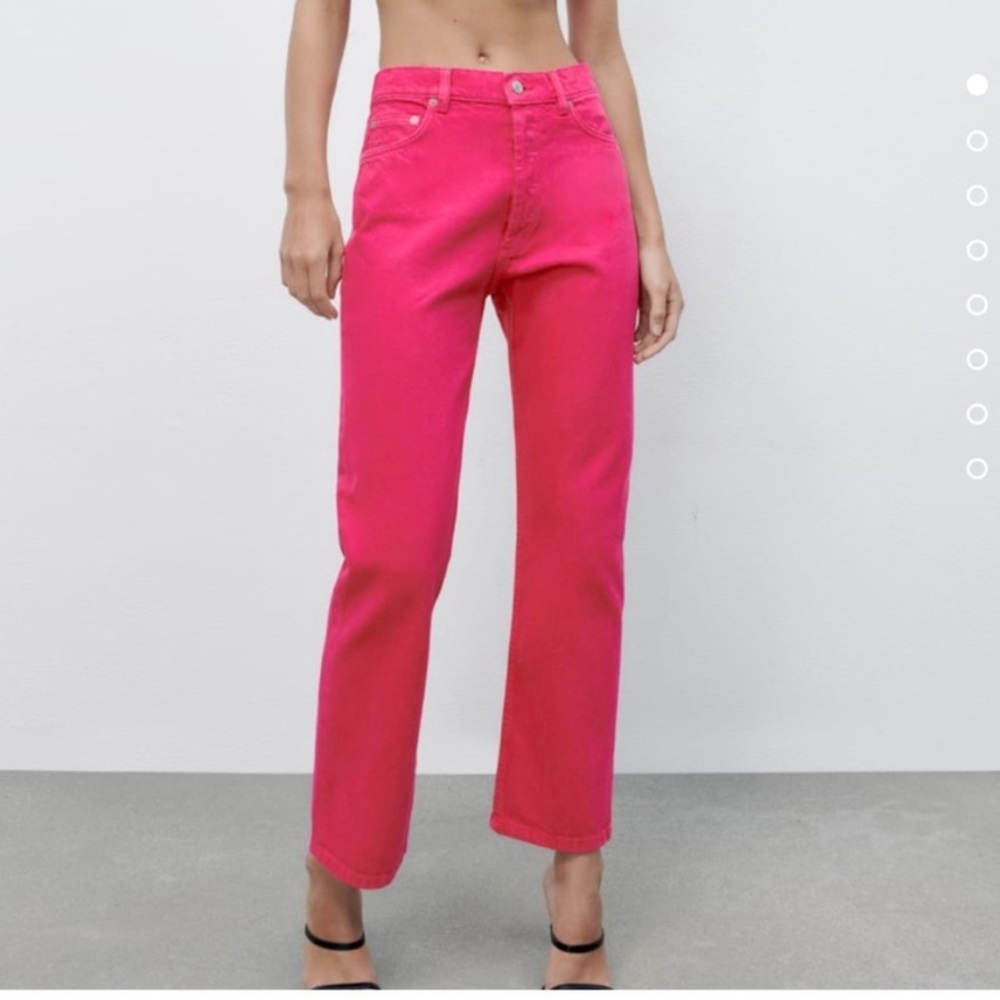 Zara High Waist Full Length Straight Leg Hot Pink Jeans